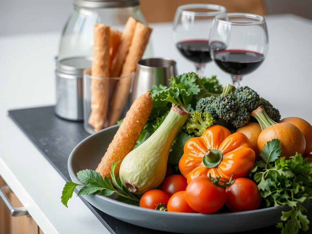 Küchenwaage und eine Auswahl an gesunden Lebensmitteln wie Obst und Gemüse